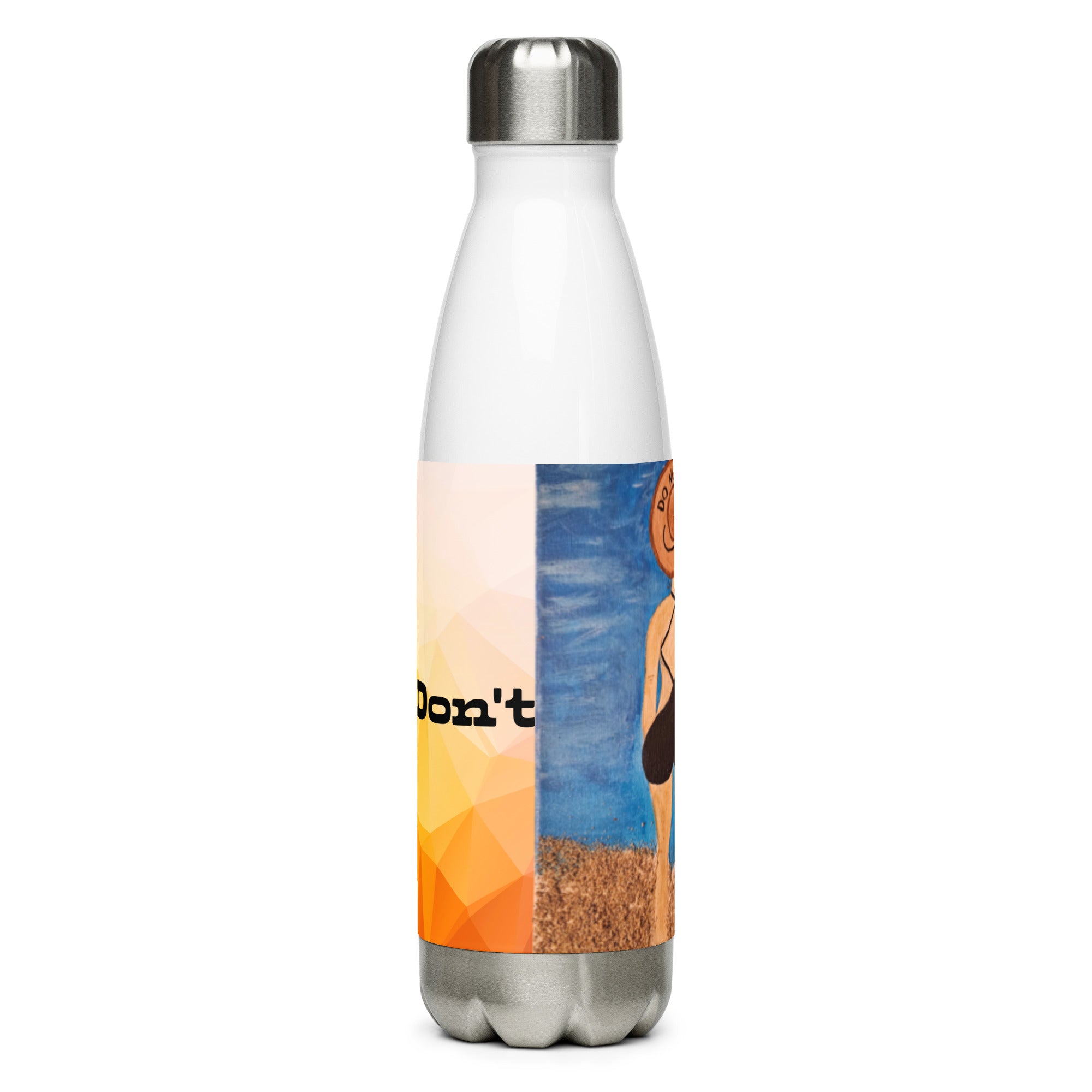 A stainless steel water bottle with a white body and a colorful wrap-around graphic featuring a woman on a beach and the partial text 'Don't'.