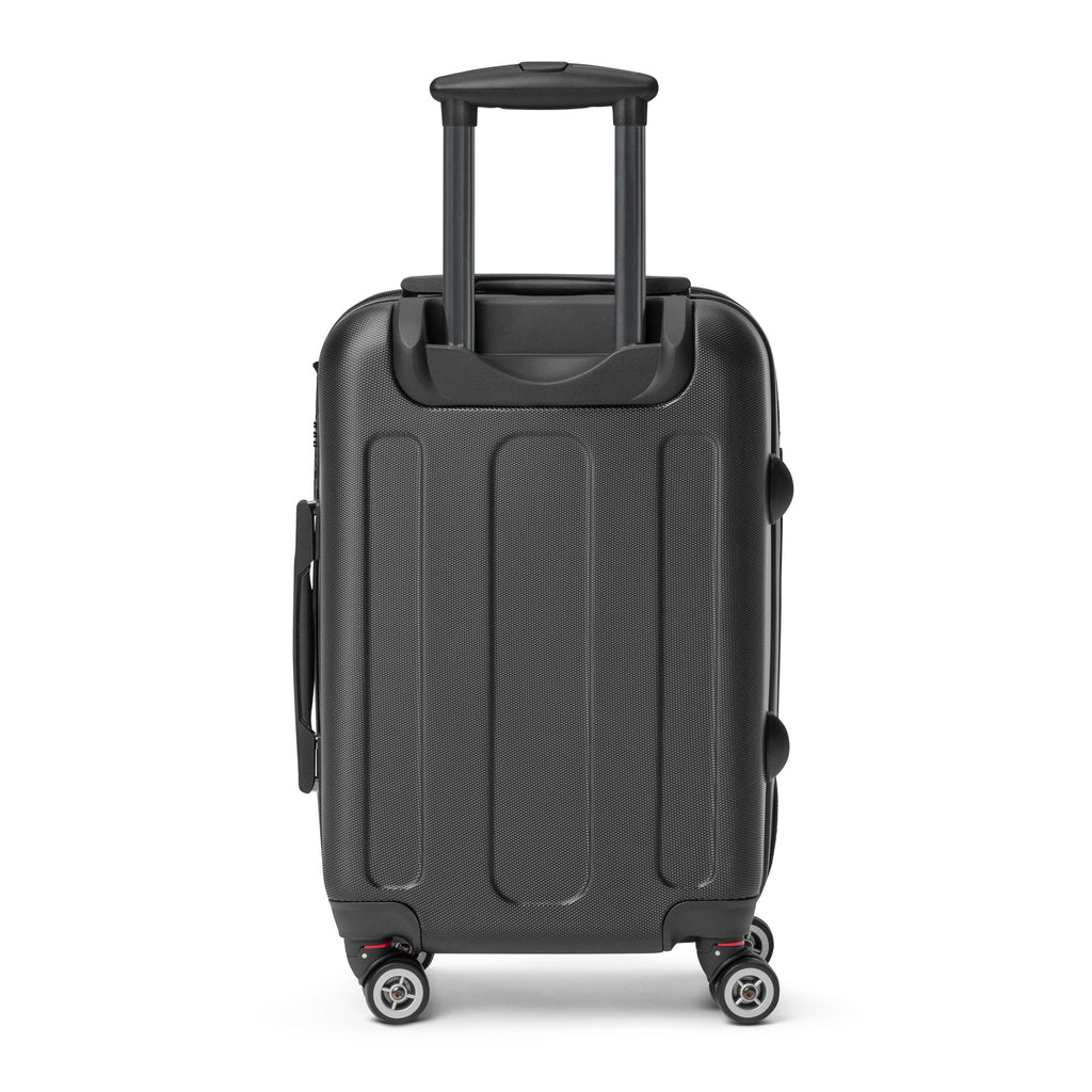 backside view of a blue carryon suitcase