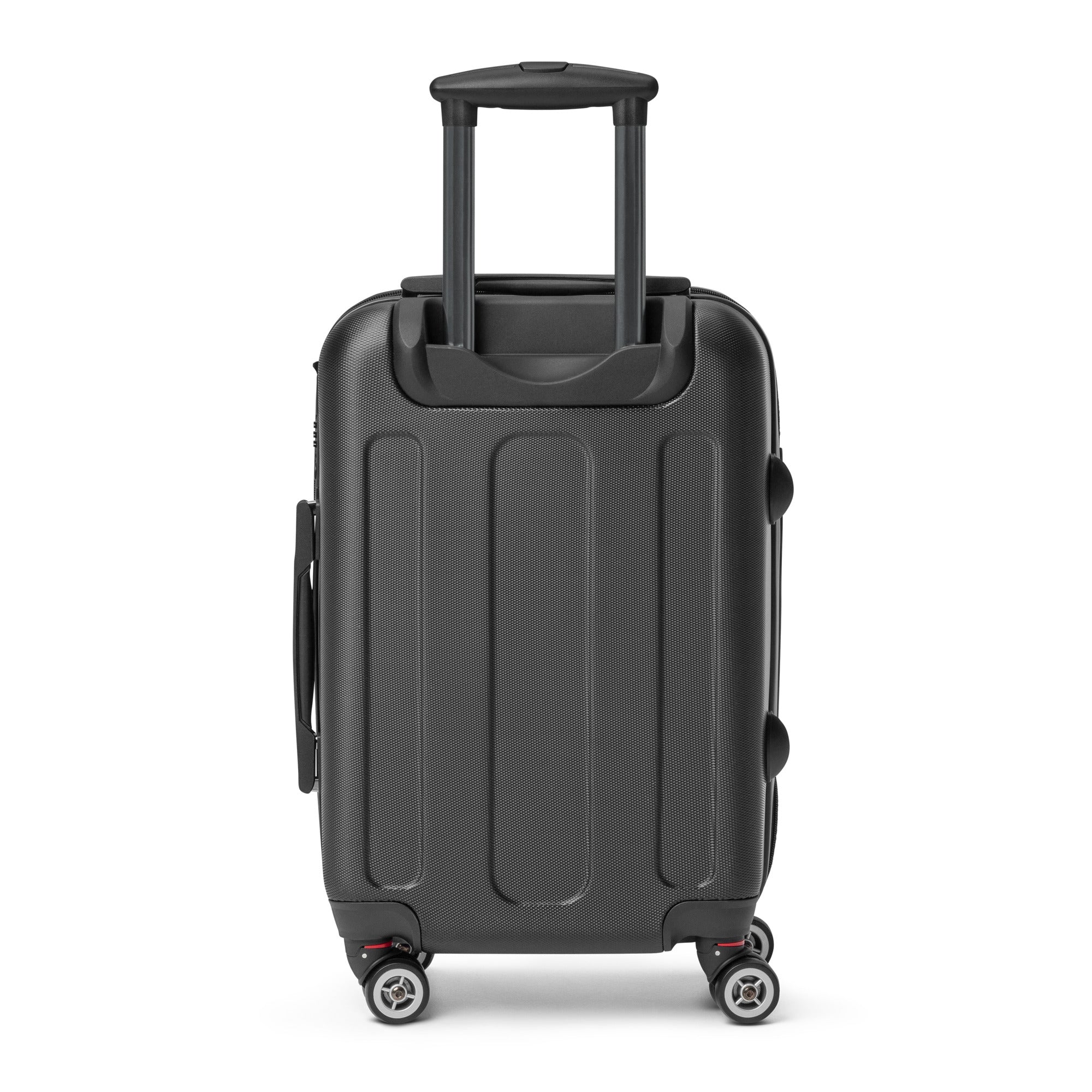 backside view of a blue carryon suitcase