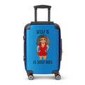blue suitcase with whimsical cartoon woman