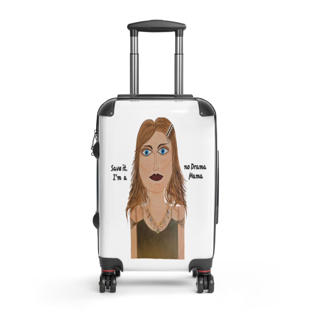 Suitcase with a cartoon illustration of a woman's face and text on a white background