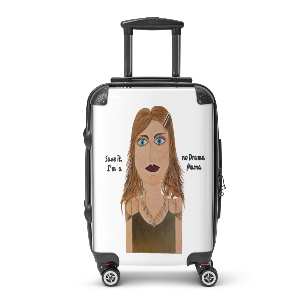 Suitcase with a graphic of a woman's face and text on a white background