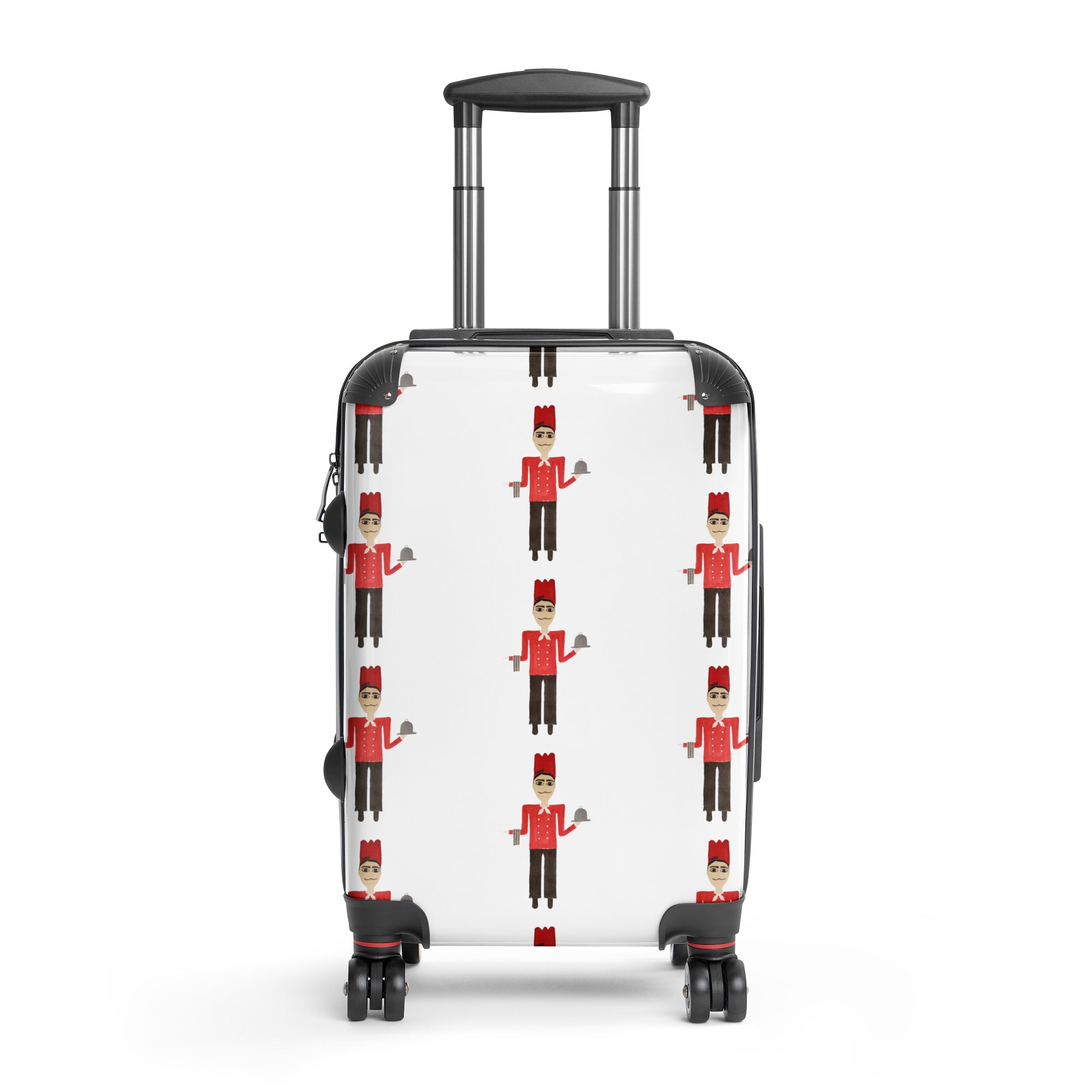 White suitcase with black wheels and handle on a white background