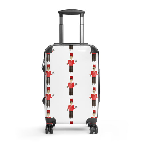 White suitcase with black wheels and handle on a white background