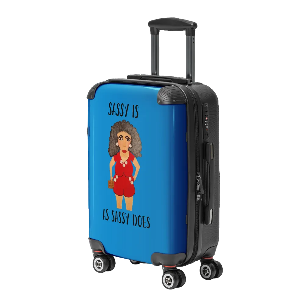 blue suitcase with a cartoon woman