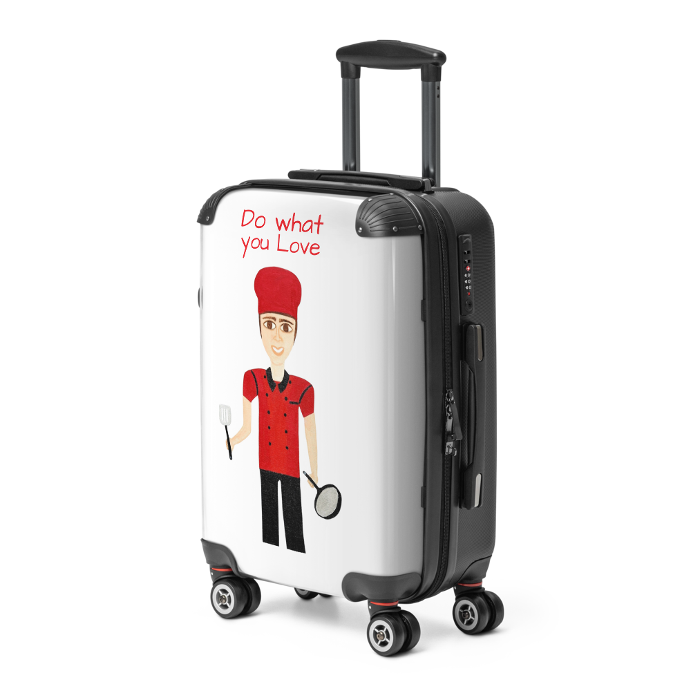 Suitcase with a cartoon character and text 'Do what you love' on a white background