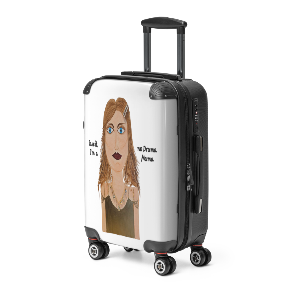 Suitcase with a cartoon illustration of a woman and text on a white background