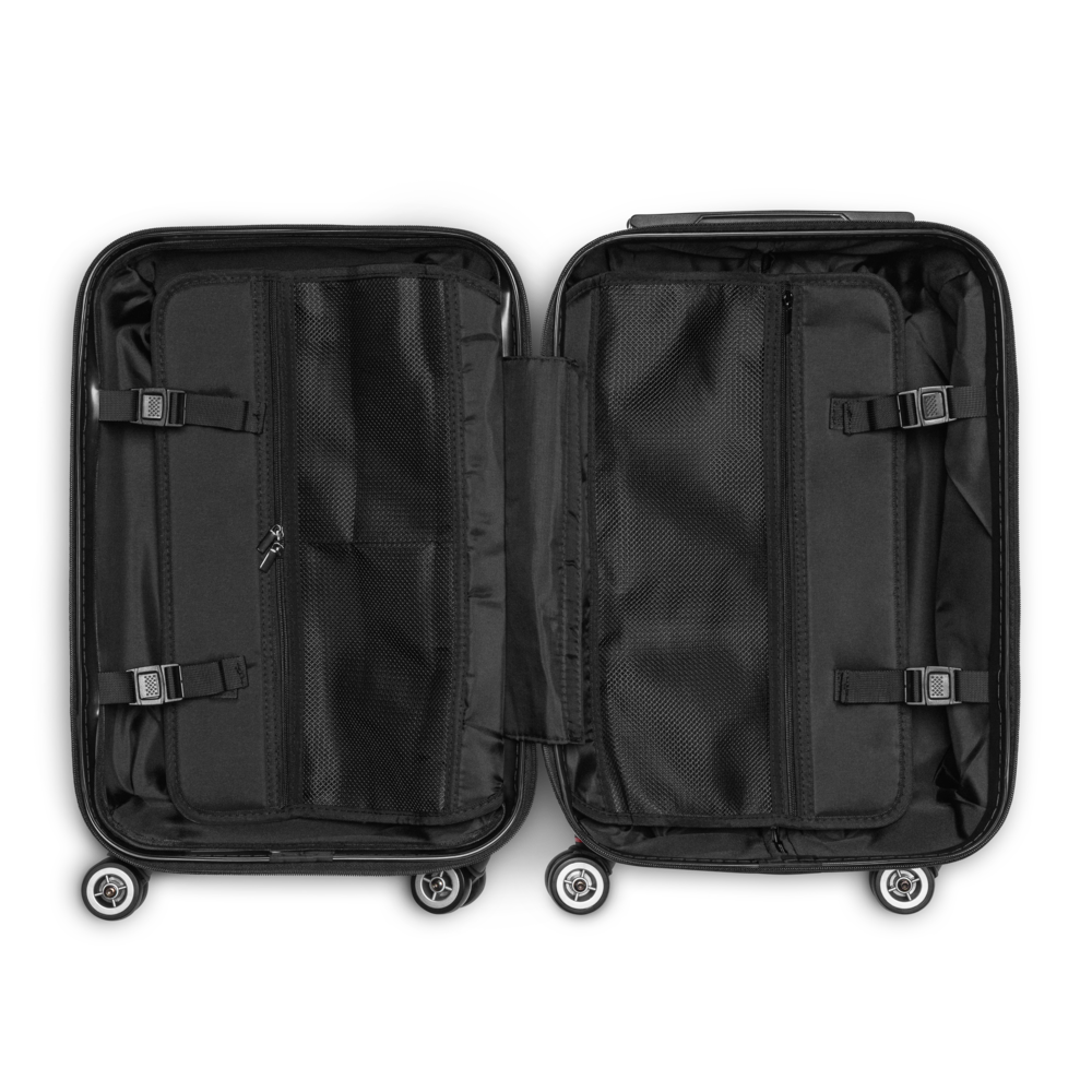 Black suitcase with open compartments on a white background