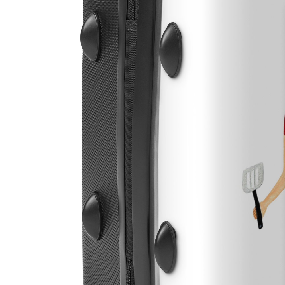 Close-up of a suitcase with a pizza design on a white background