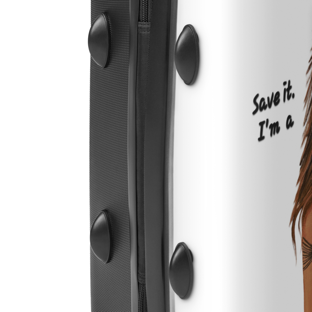 White suitcase with black text and design on a white background