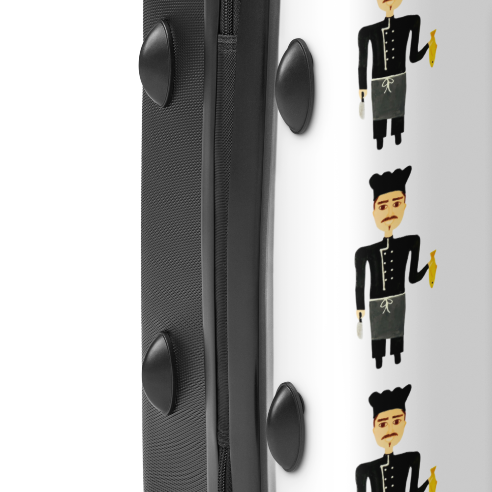 Black suitcase with cartoon characters on a white background