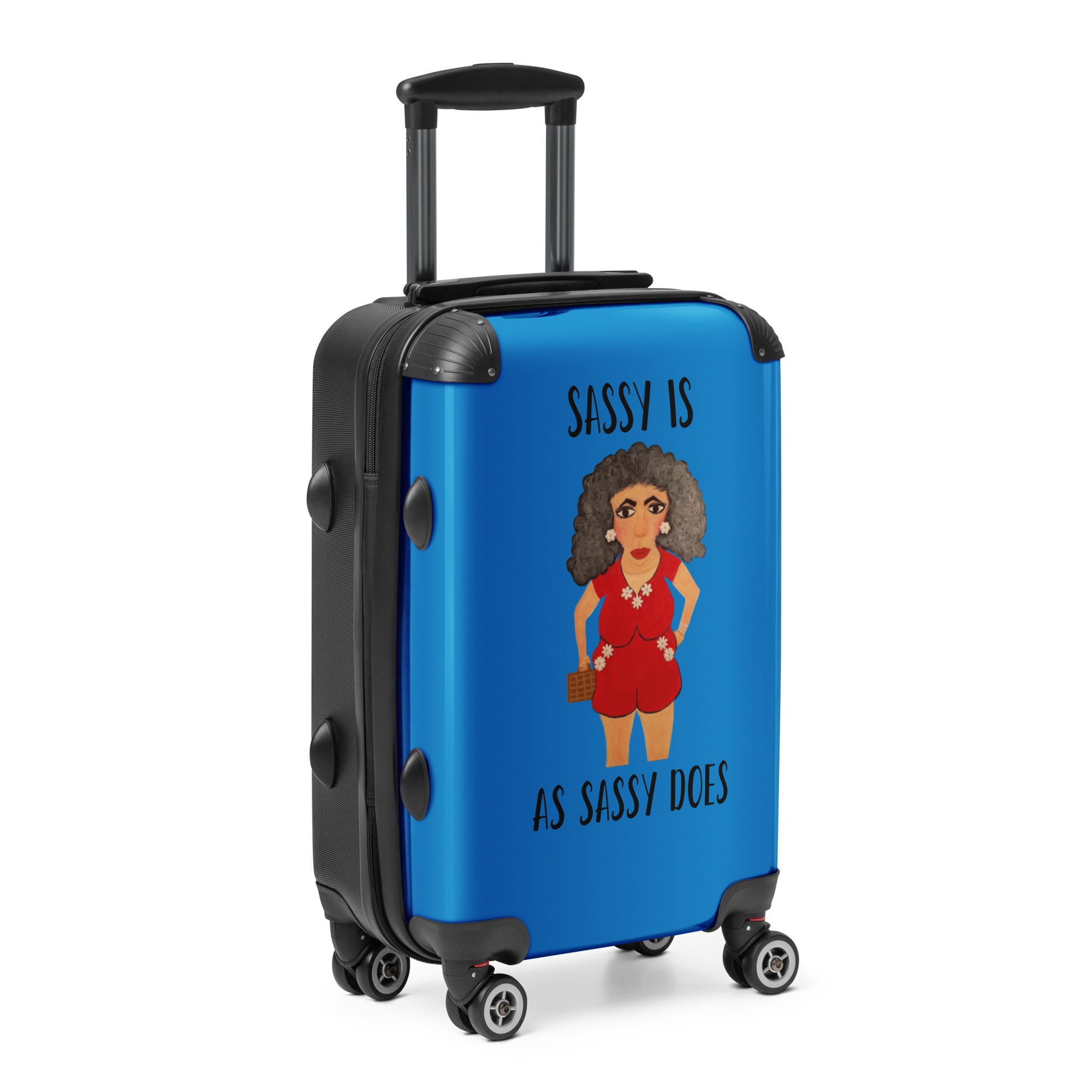 side view of a blue suitcase with a whimsical woman cartoon