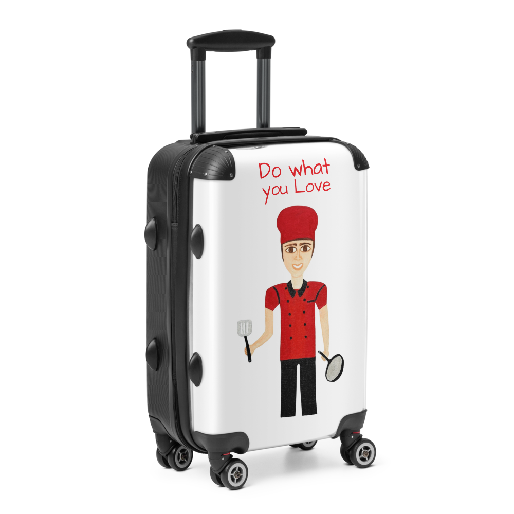 Suitcase with a chef illustration and text 'Do what you love' on a white background