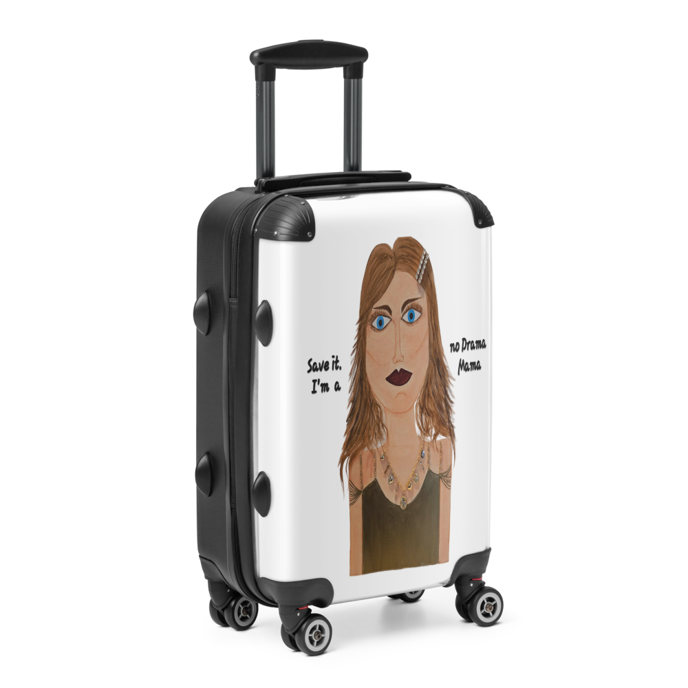Suitcase with a cartoon illustration of a woman's face and text on a white background