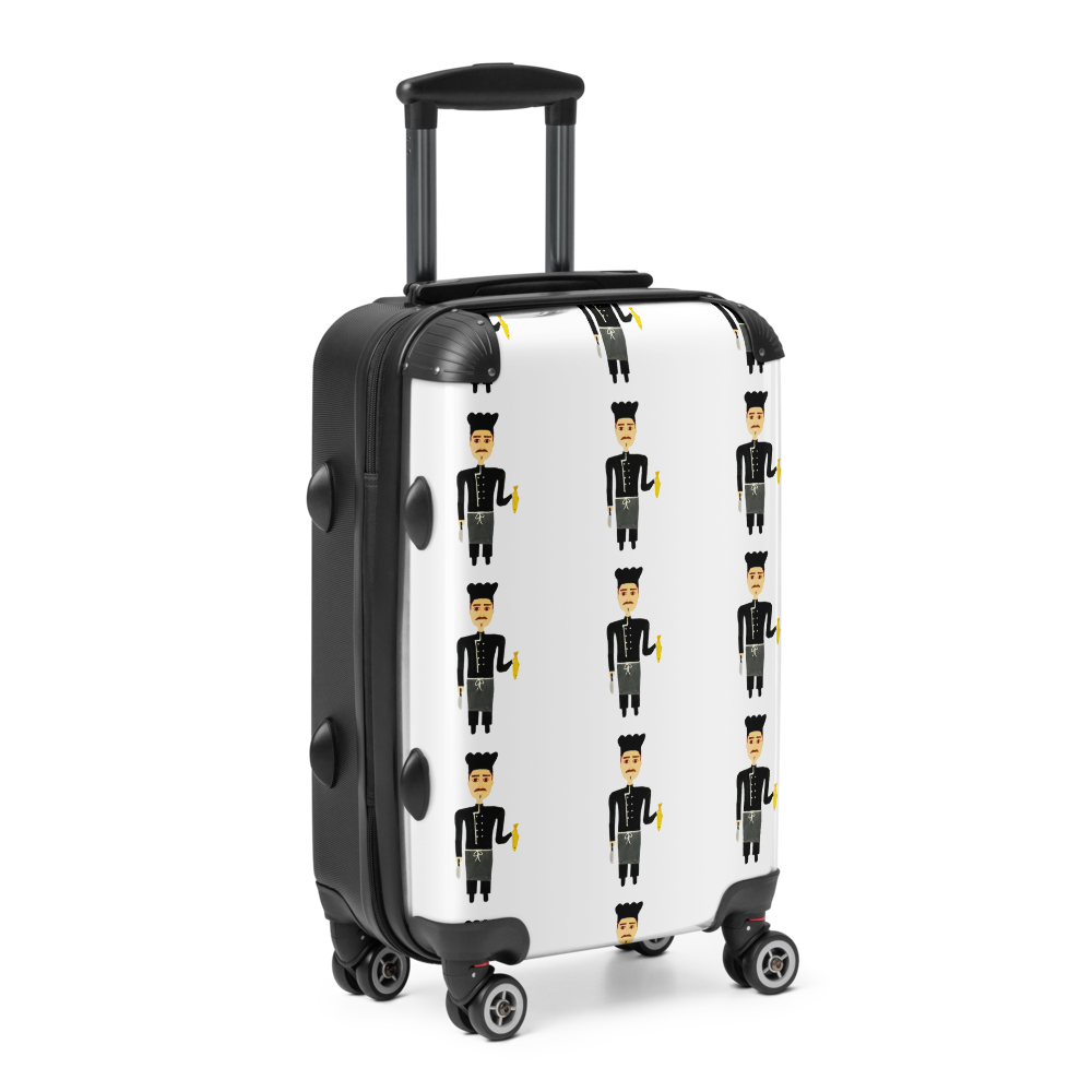 Black suitcase with cartoon character pattern on a white background