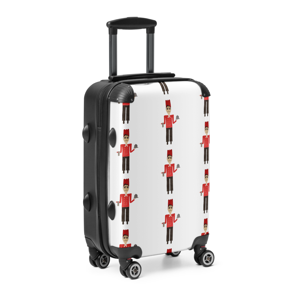 White suitcase with black accents on a white background