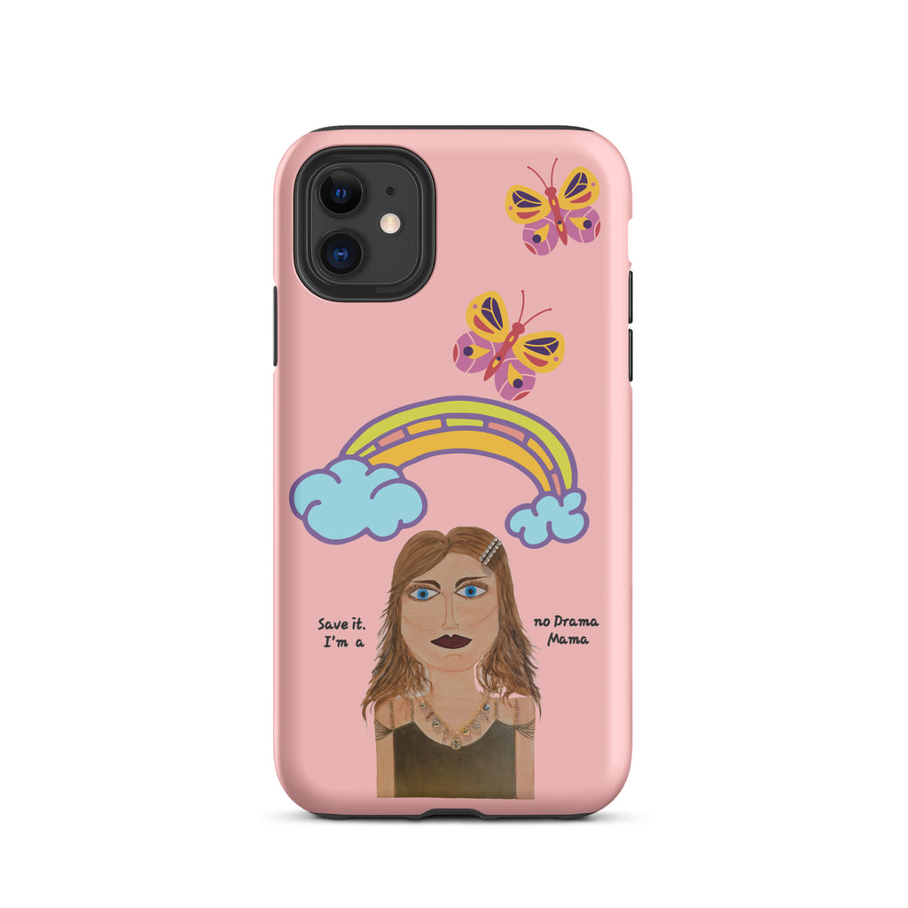 pink phone case with whimsical cartoon character of a woman, butterflies and rainbows