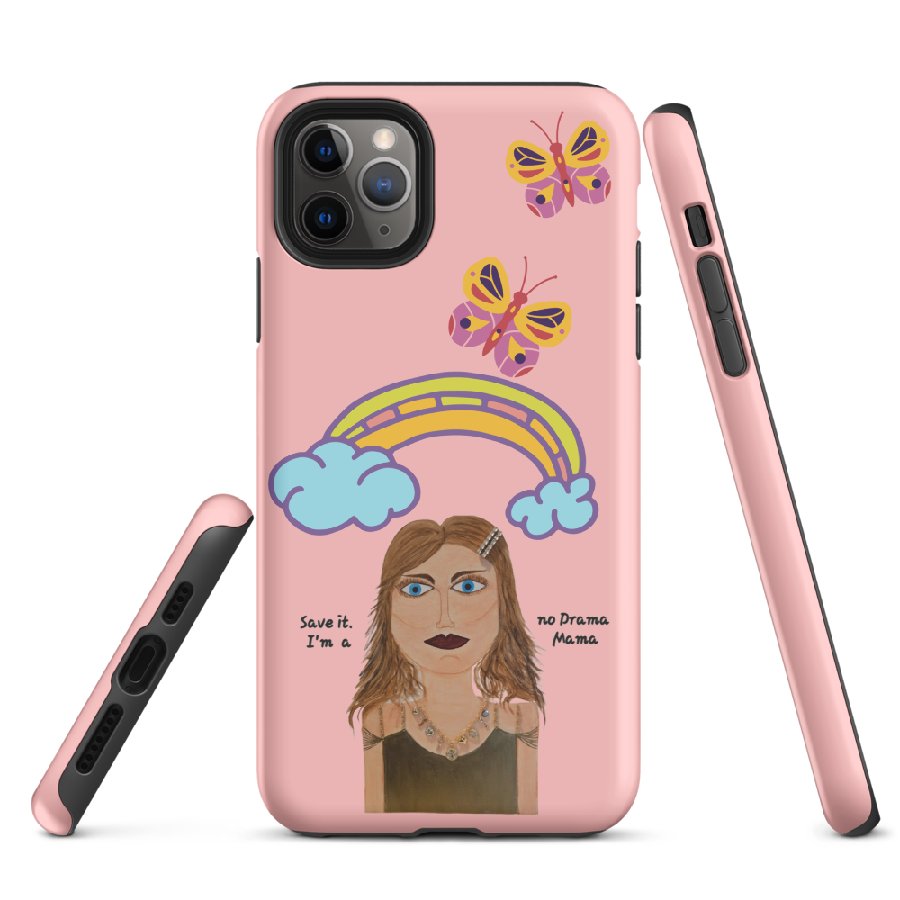 pink phone case with whimsical colorful character, rainbow and butterflies
