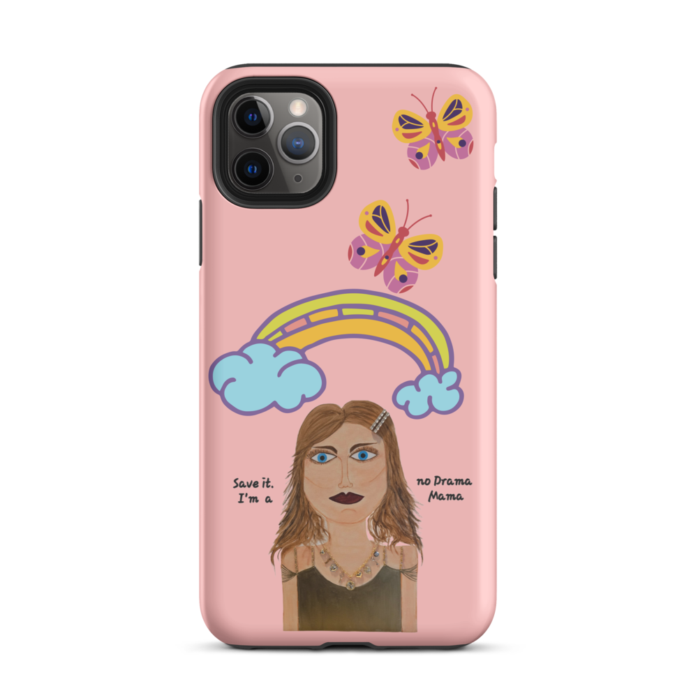 pink phone case with whimsical colorful character, rainbow and butterflies
