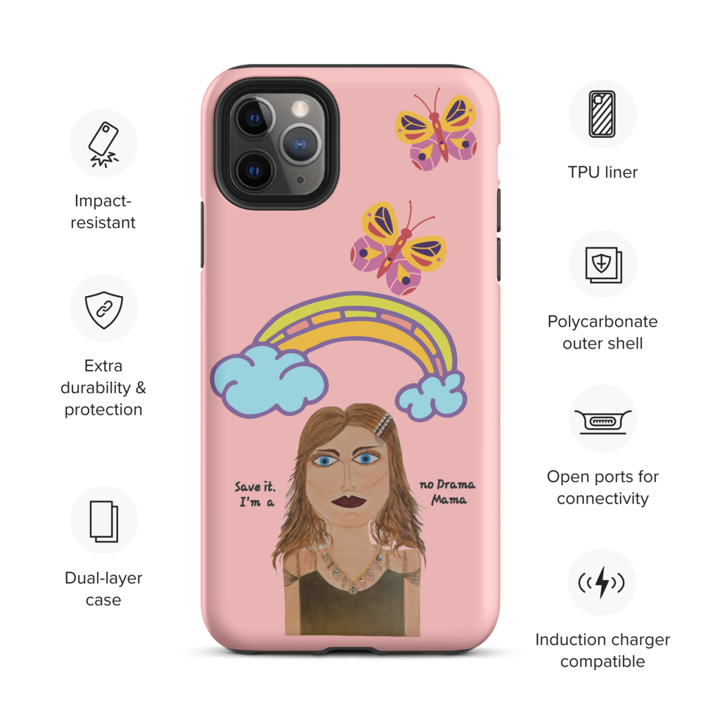 pink phone case with whimsical colorful character, rainbow and butterflies