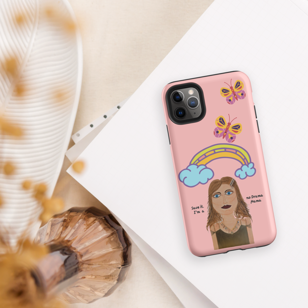 pink phone case with whimsical colorful character, rainbow and butterflies