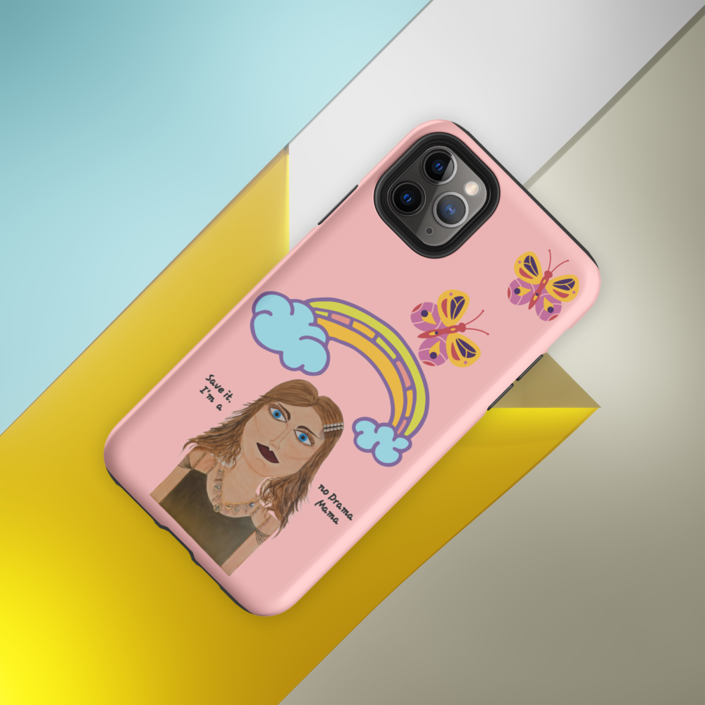 pink phone case with a cartoon character, rainbow and butterflies