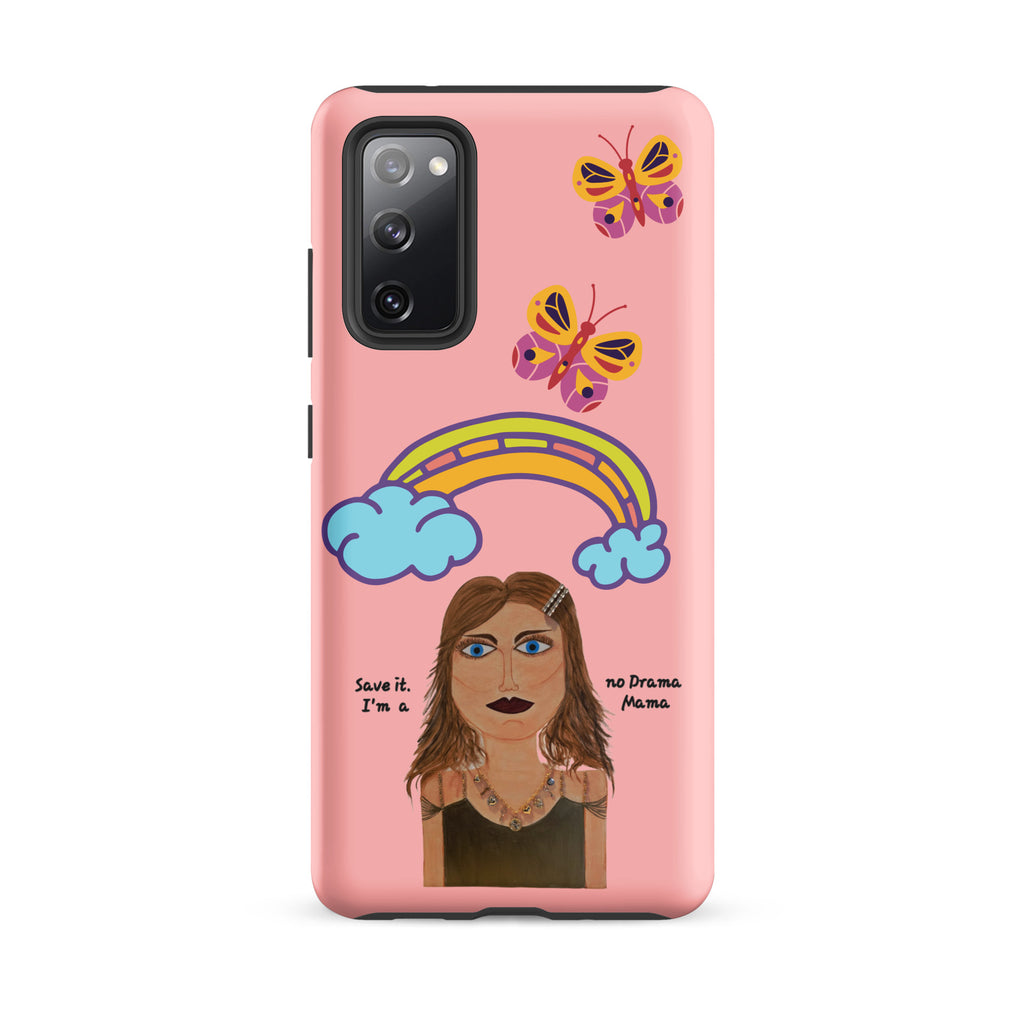 Phone case with a colorful design of a woman, rainbow, and butterflies on a pink background