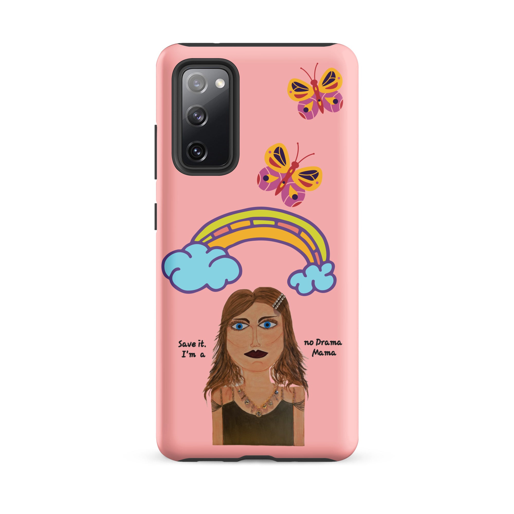 Phone case with a colorful design of a woman, rainbow, and butterflies on a pink background