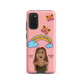 Phone case with a cartoon character, rainbow, and butterflies on a pink background