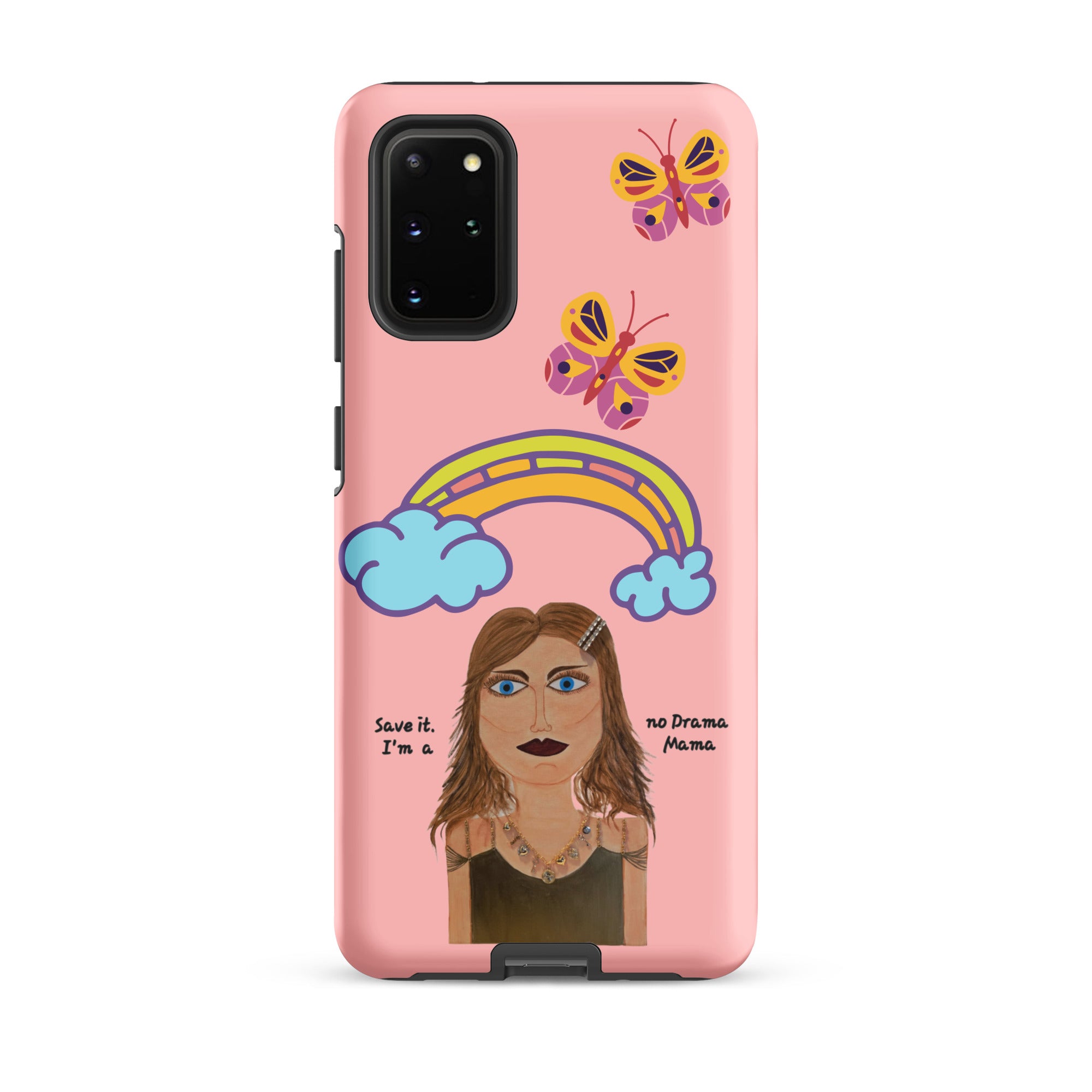 Phone case with a colorful design of a woman, rainbow, and butterflies on a pink background