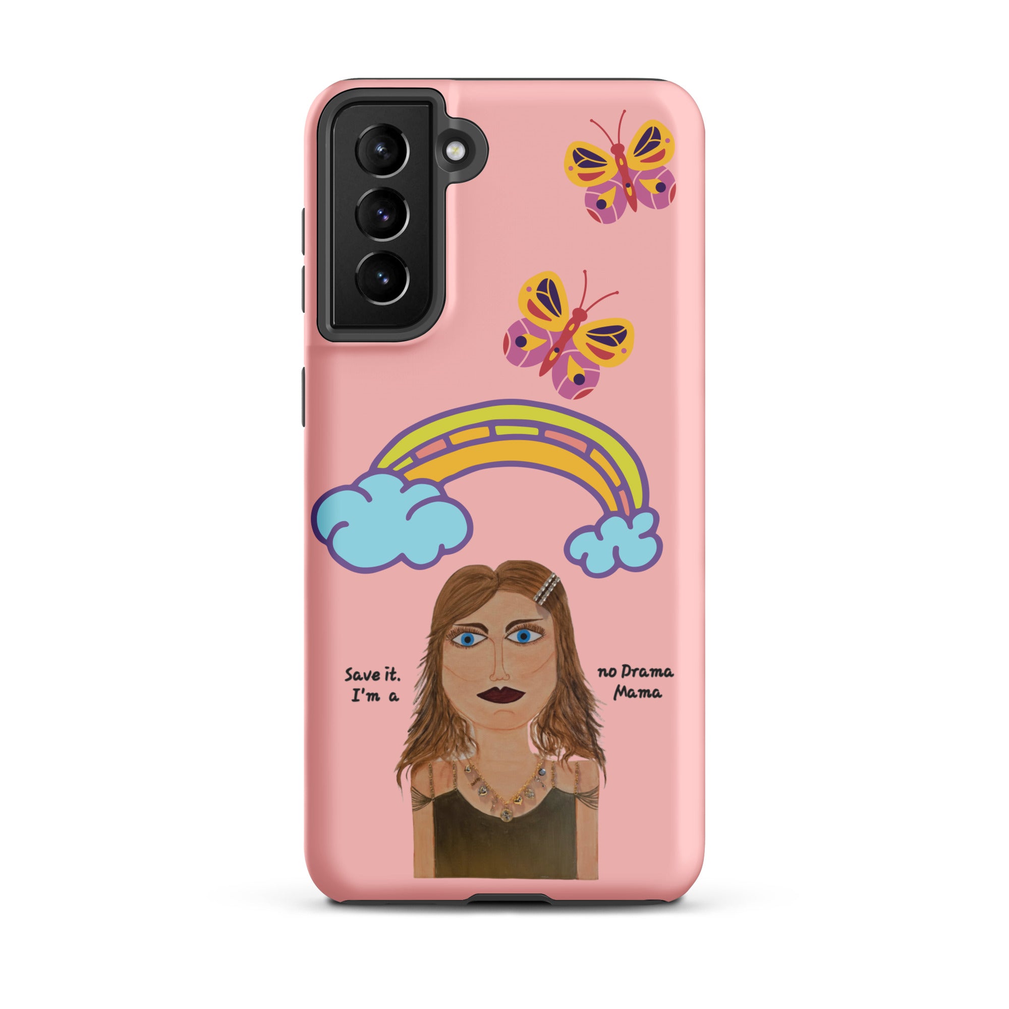 Phone case with a colorful design of a woman, rainbow, and butterflies on a pink background