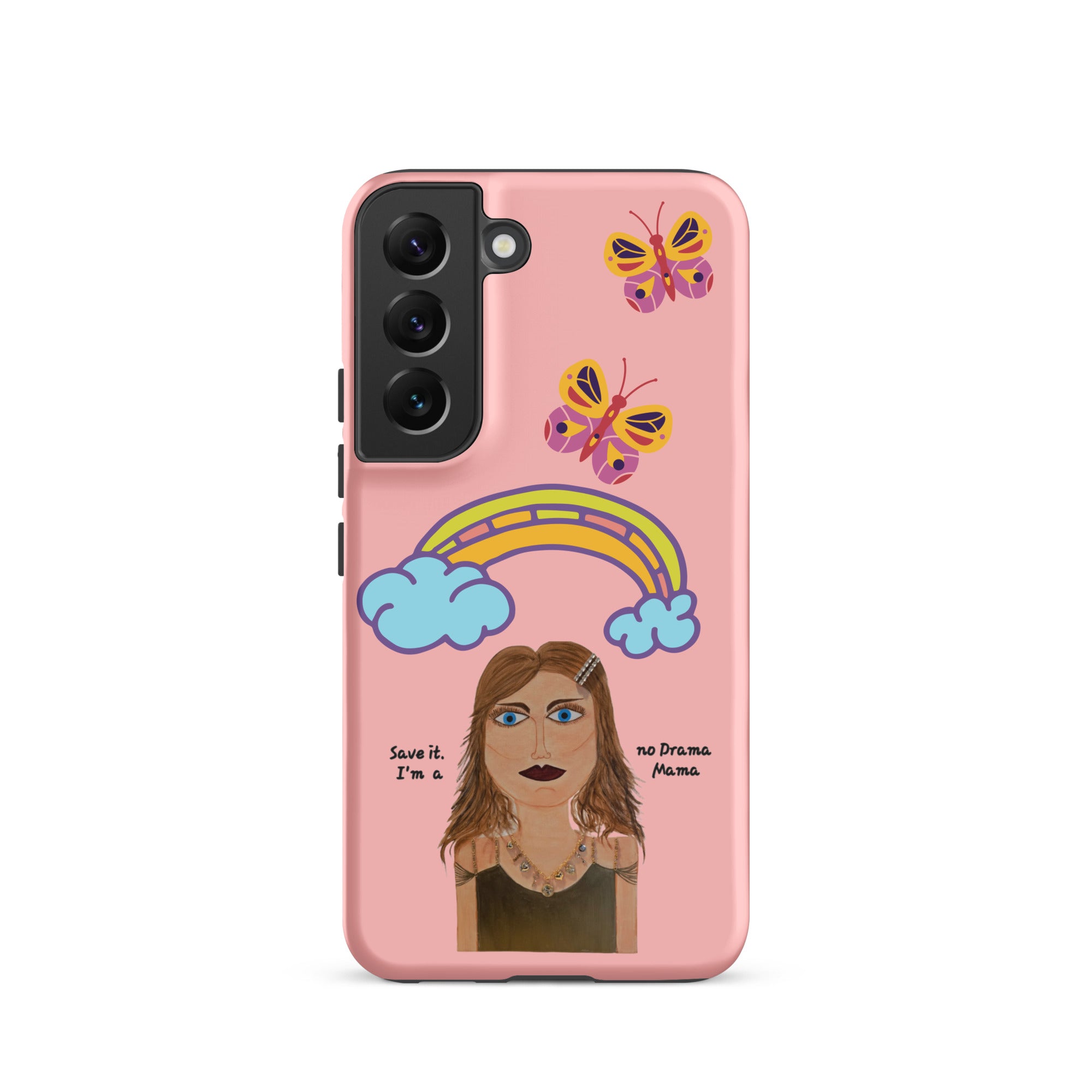 Phone case with illustrations of a woman, rainbow, butterflies, and clouds on a pink background