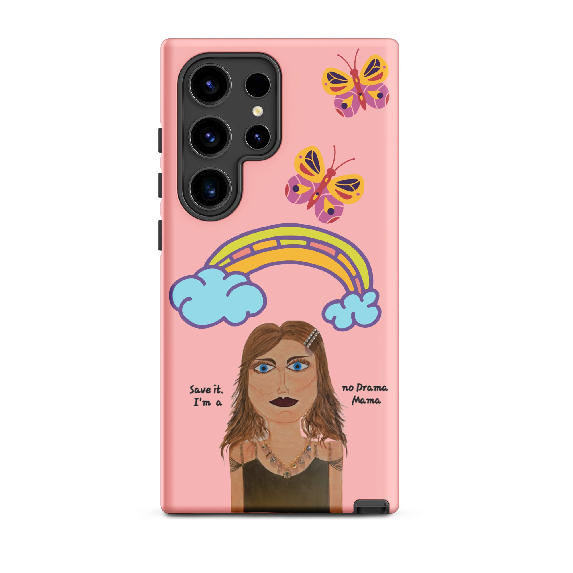 Phone case with a colorful design of a woman, rainbow, and butterflies on a pink background