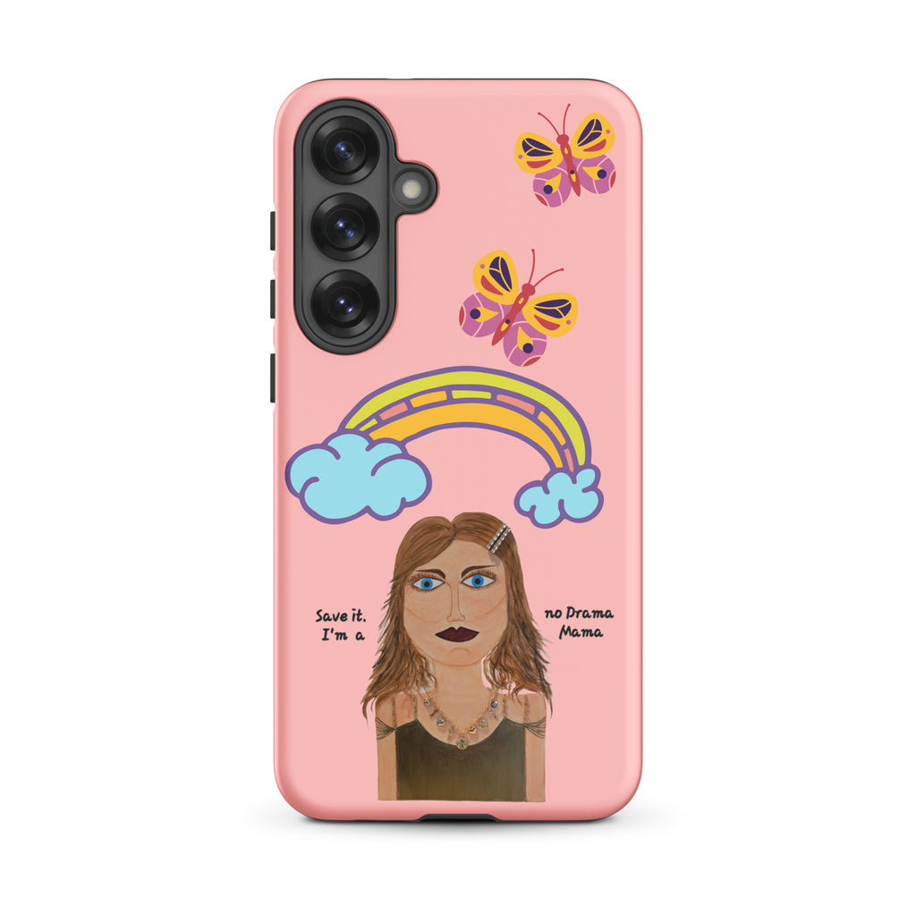 Phone case with a colorful design of a woman, rainbow, and butterflies on a pink background