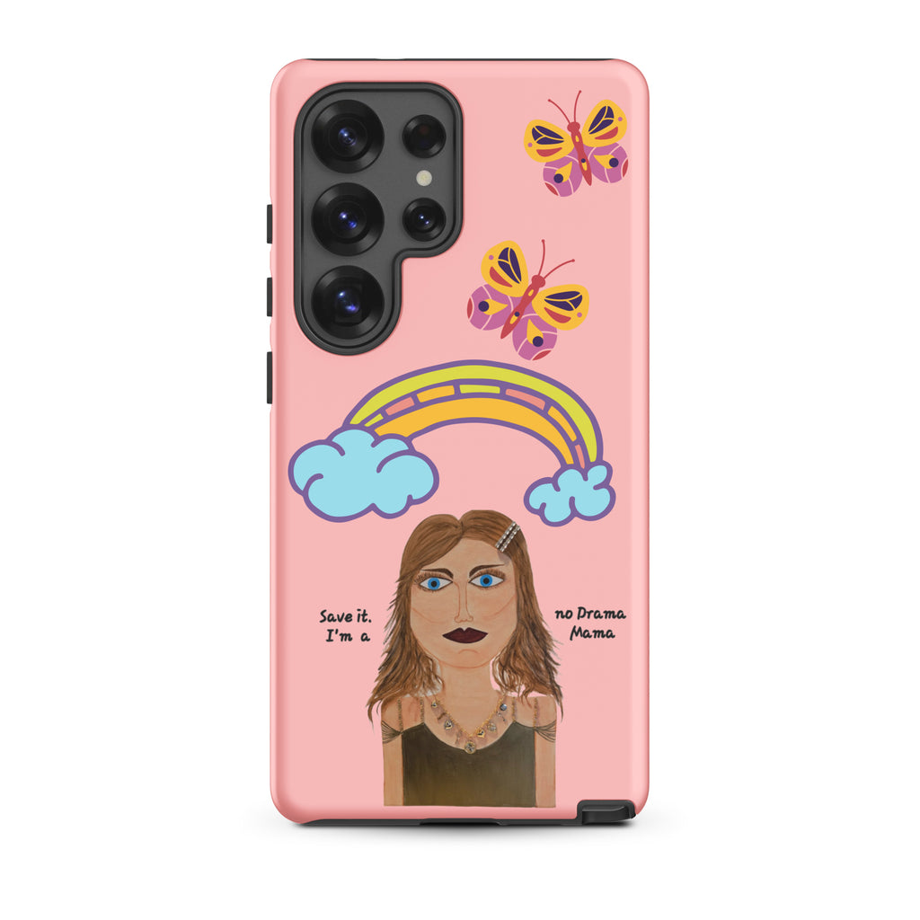 Phone case with a colorful design of a woman, butterflies, and a rainbow on a pink background.