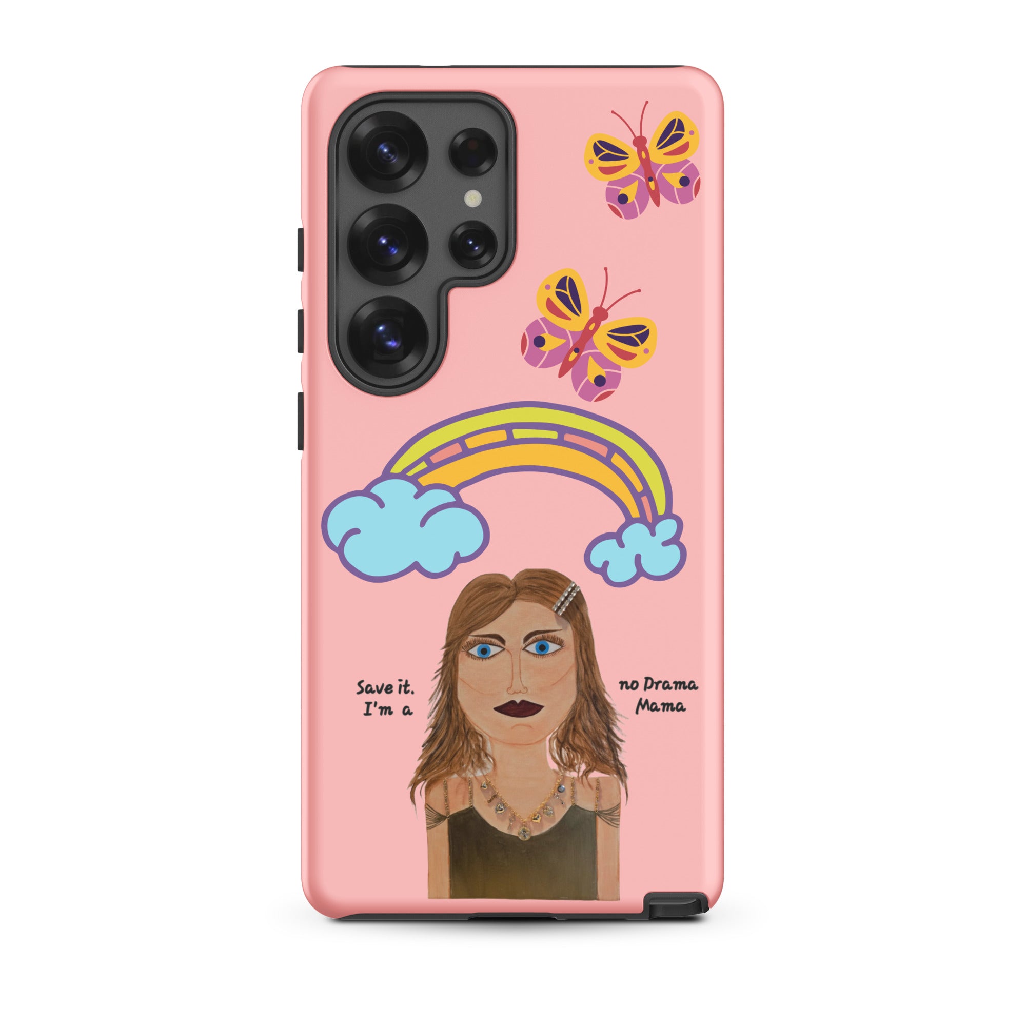 Phone case with a colorful design of a woman, butterflies, and a rainbow on a pink background.