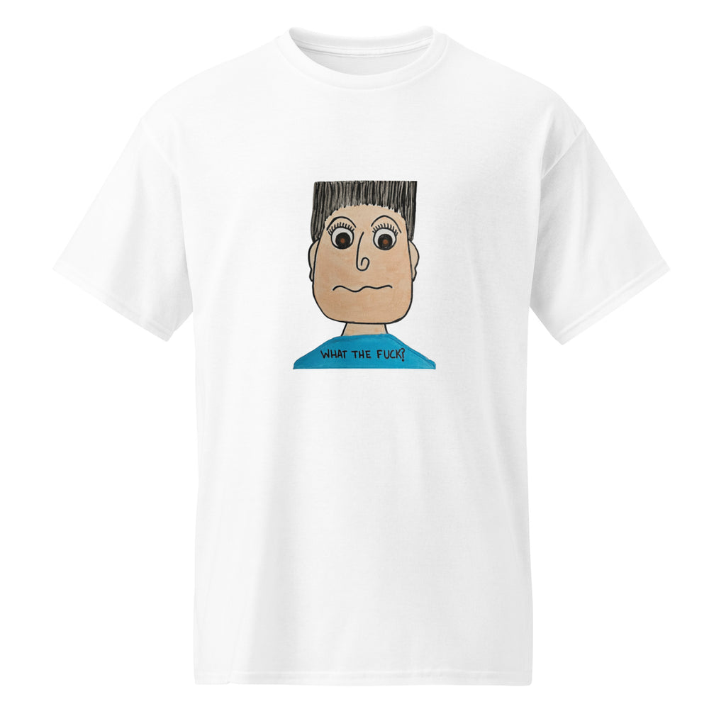 White t-shirt with a cartoon character and text on a white background