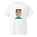 White t-shirt with a cartoon character and text on a white background