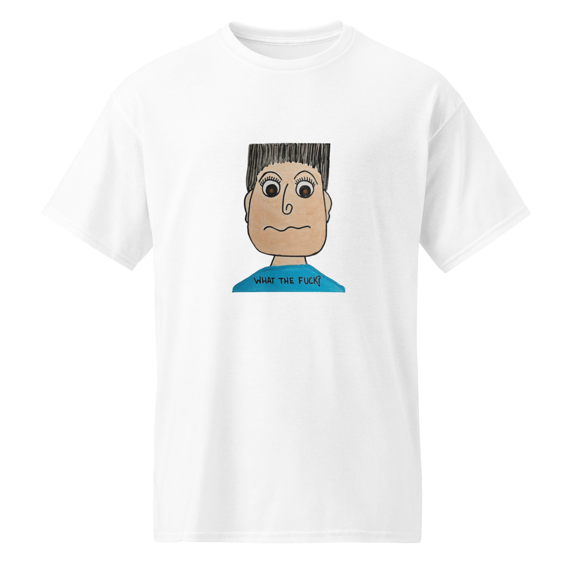White t-shirt with a cartoon character and text on a white background