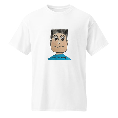 White t-shirt with a cartoon character and text on a white background