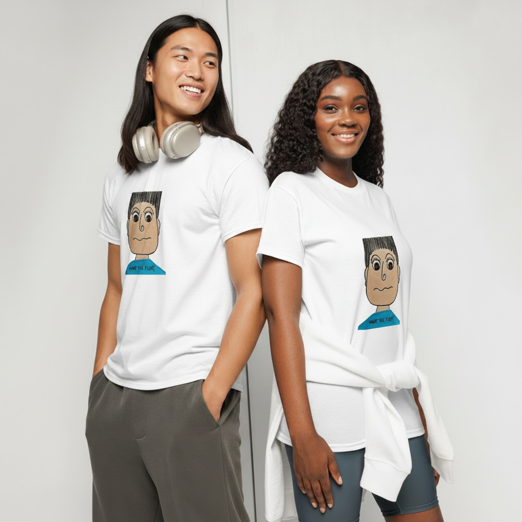 Two people wearing unisex novelty t-shirts on a plain background