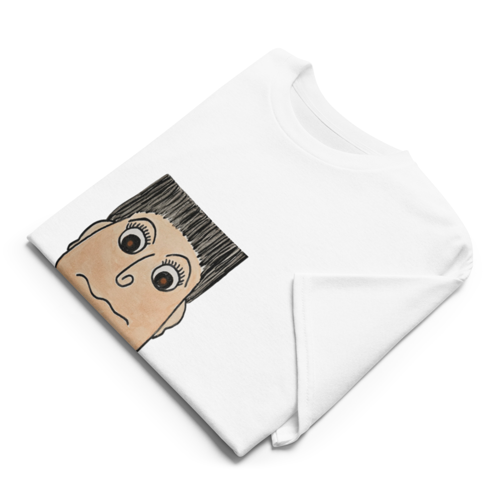 Unisex novelty t-shirt with a cartoon face design on a white background 