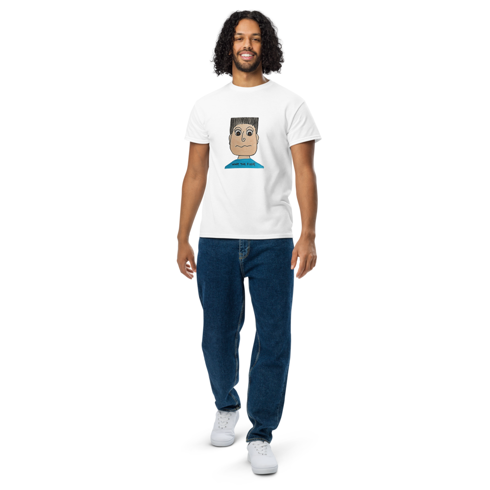Man wearing a white t-shirt with a graphic design on a white background