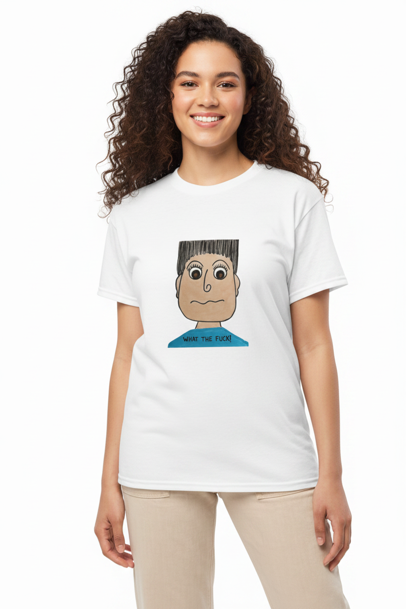 Person wearing a white t-shirt with a graphic and text.