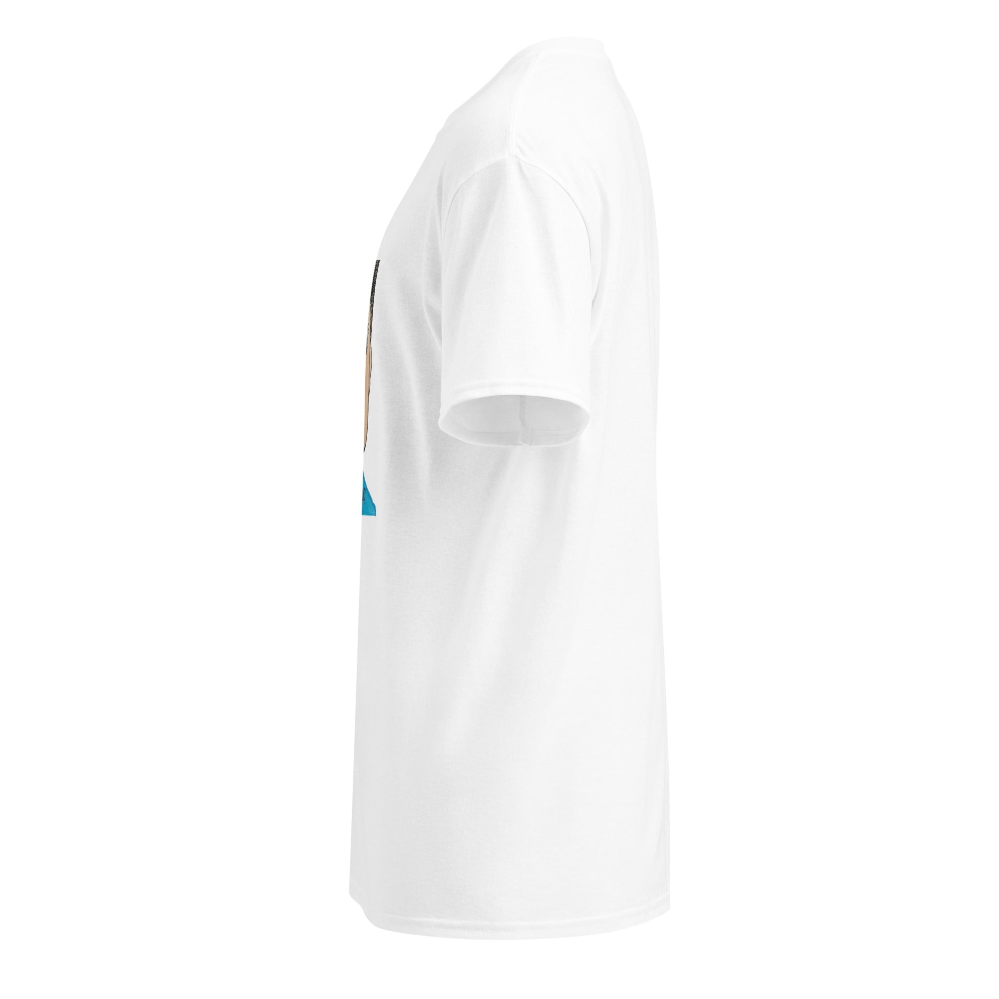 White t-shirt with a red logo on a white background