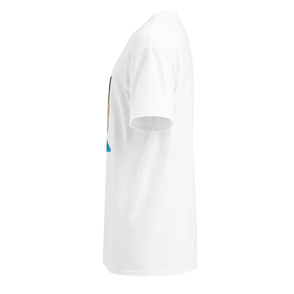 White sports jersey with branding on a white background