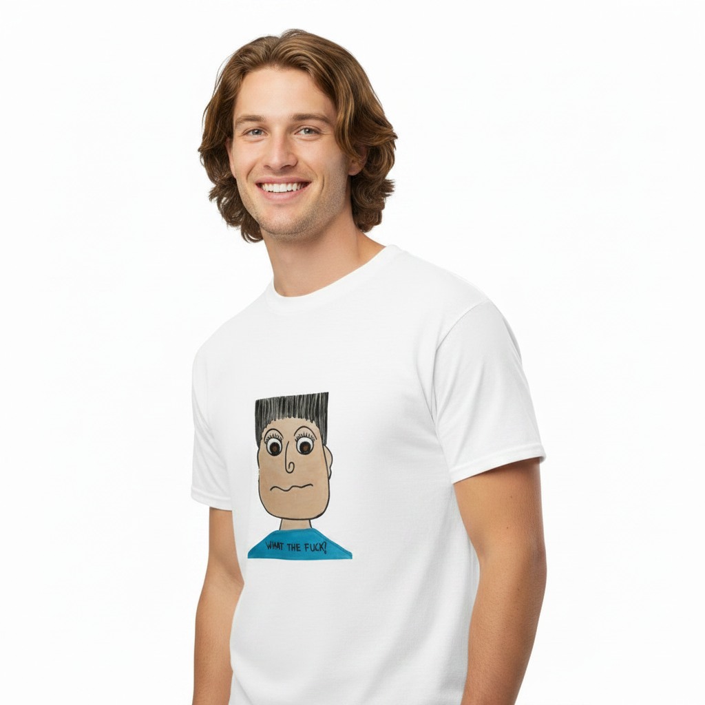 Person wearing a white t-shirt with a cartoon character design on a white background