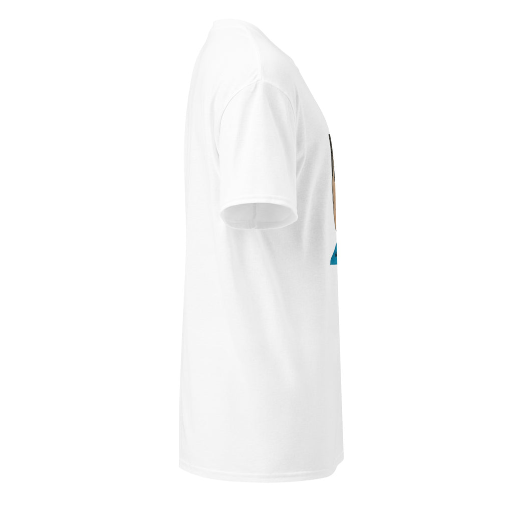 White t-shirt with a small logo on a white background