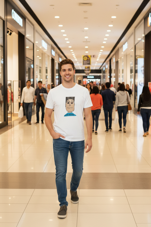 Man wearing a white t-shirt with a graphic design on a white background