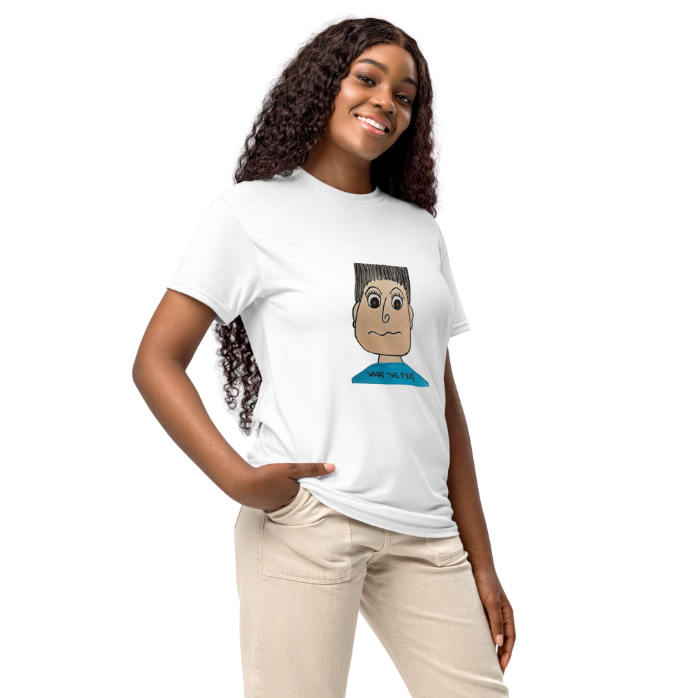 Person wearing a white t-shirt with a graphic design on a white background